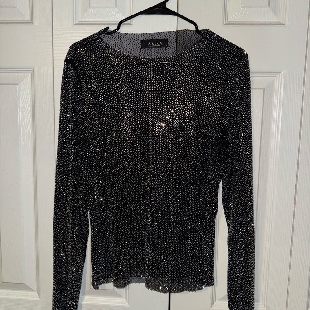 AKIRA Black Sequin Long Sleeve Blouse